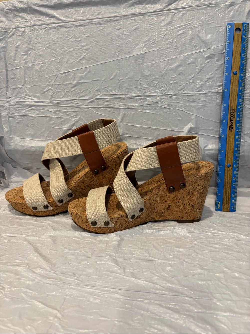 Lucky Brand Beige Canvas and Brown Cork Wedge Sandals